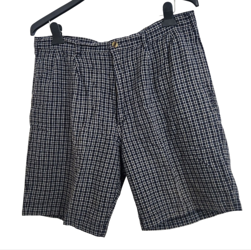 Vintage Bugle Boy Plaid Checkered Shorts Men's 34 Blue Black White Linen Blend
